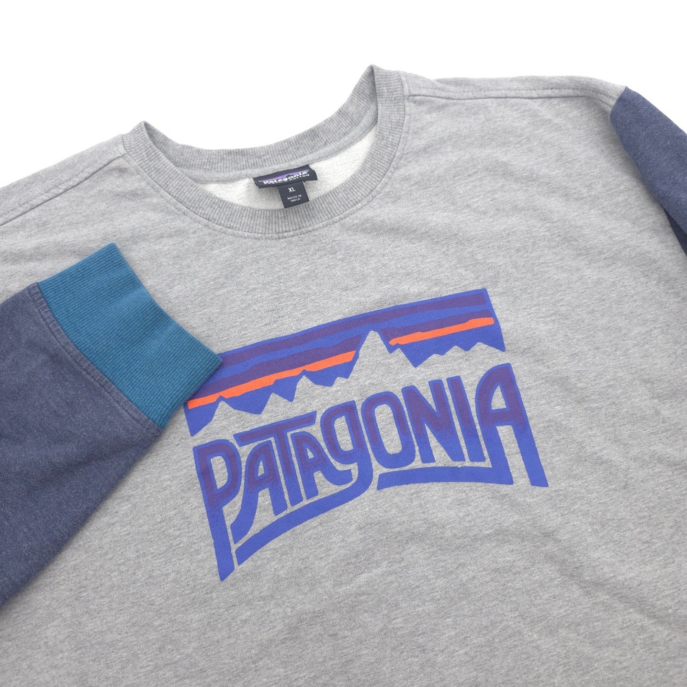 Patagonia Organic Cotton Sweatshirt XL Mens Grey Blue Colorblock Logo Pullover
